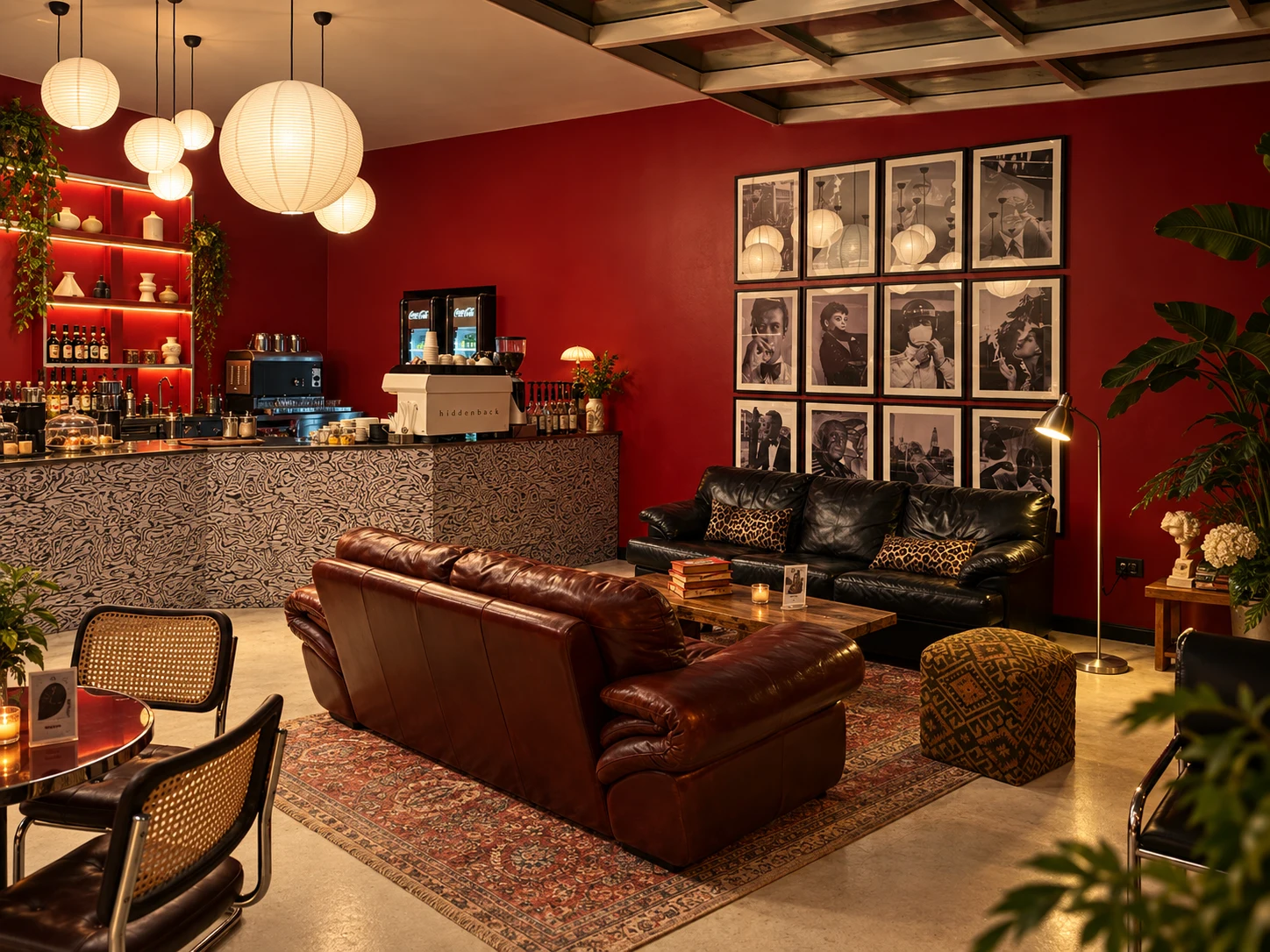 HIDDEN lounge with burgundy walls, vintage leather sofas and warm lighting