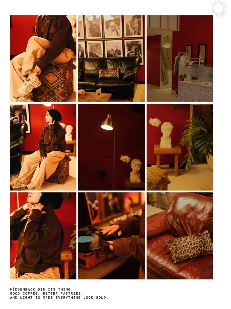 HIDDEN editorial collage of records, vintage fashion, burgundy interiors and leopard accents