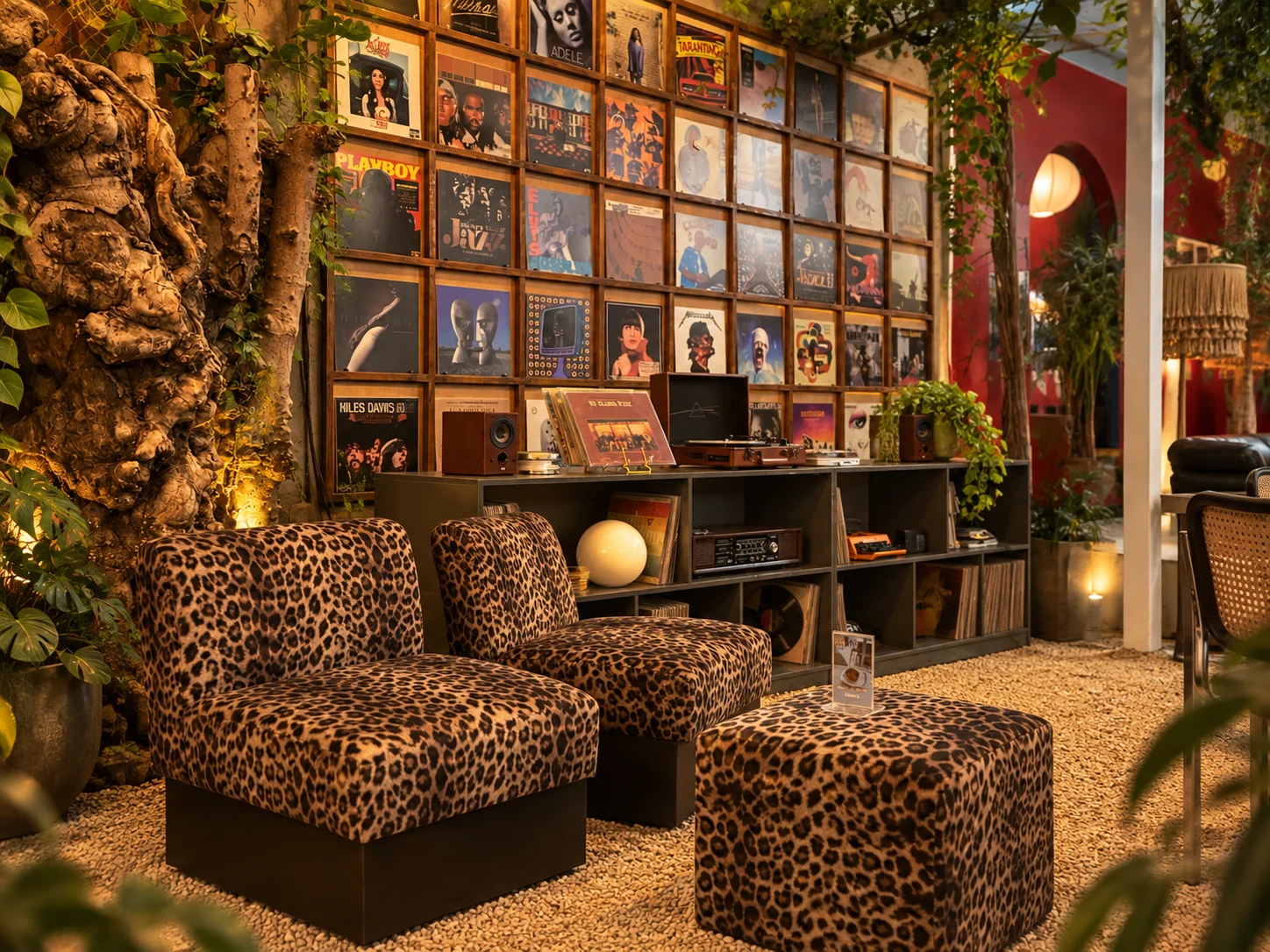 Vinyl record collection and leopard-print lounge chairs
